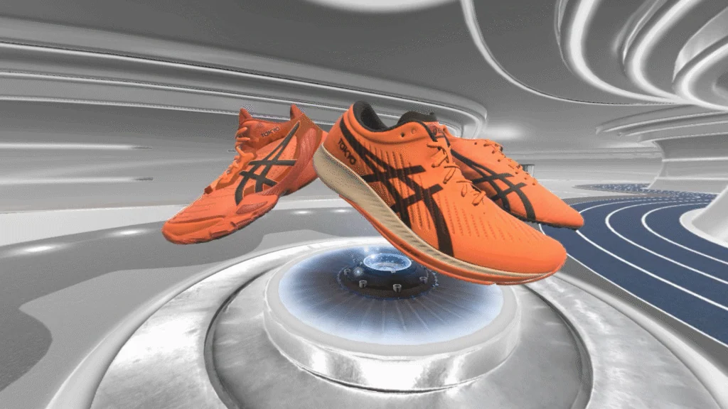 Three orange ASICS running shoes displayed above a circular virtual platform.