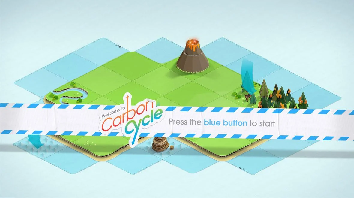 Carbon Cycle game start screen showing an isometric landscape with a volcano, trees and water.