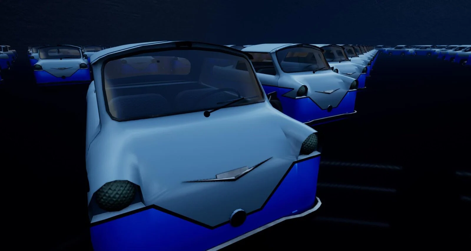 Rows of blue cars repeated across a dark virtual environment in The Curator.