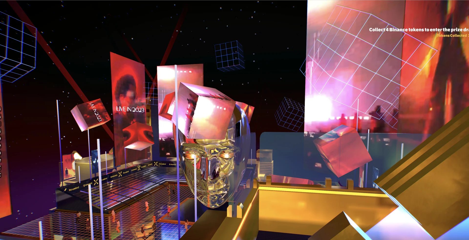 Gold masks, floating cubes and illuminated panels inside the Enter The Dimension virtual world.
