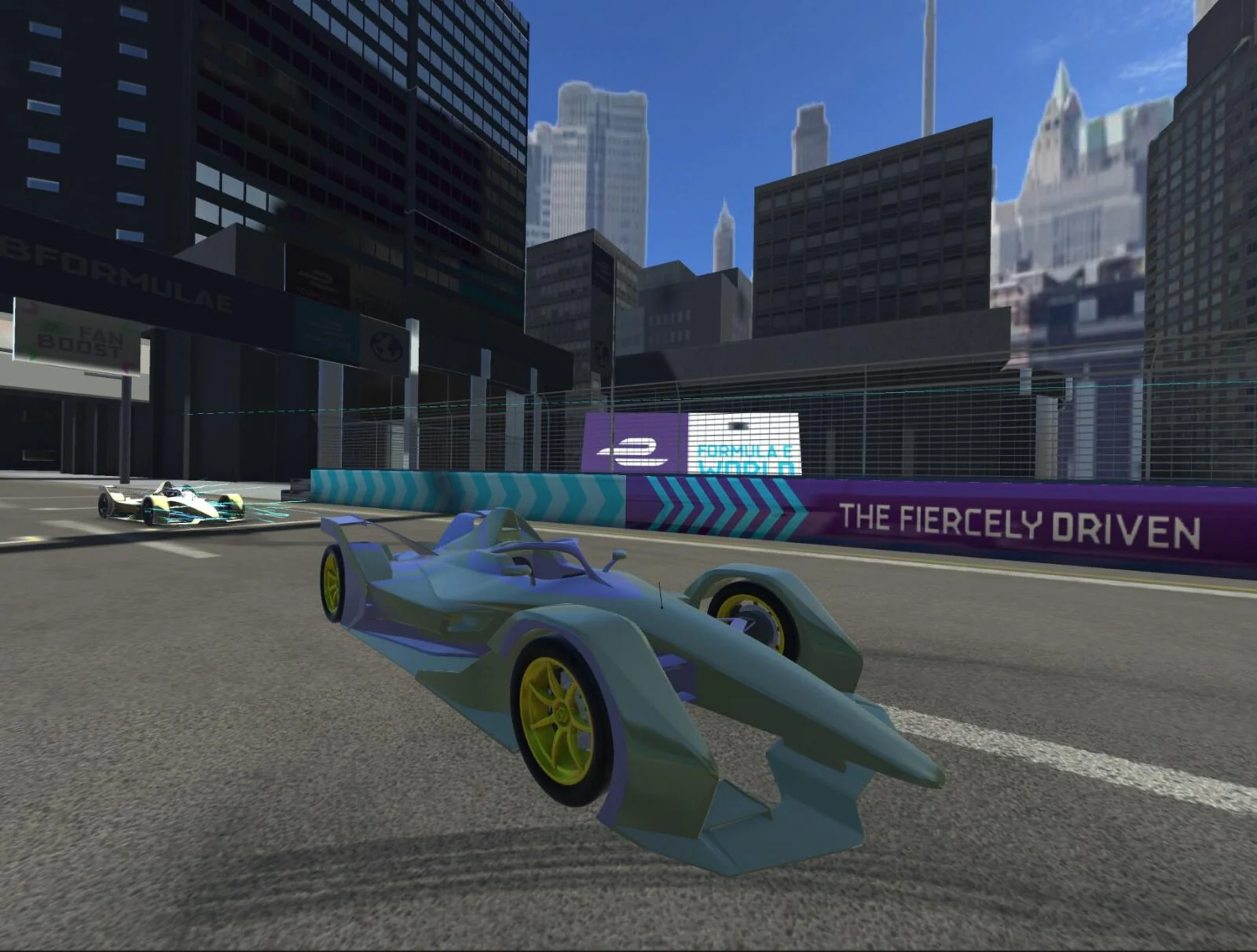 Futuristic racing car on a city circuit in the Formula E VR experience.