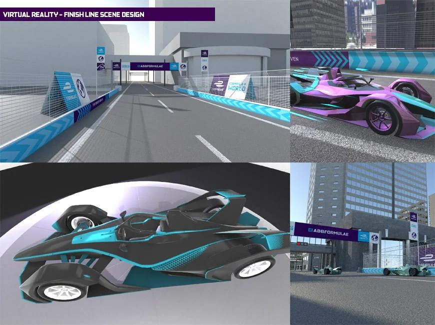 Concept board showing the Formula E virtual finish line and a close-up of a race car.