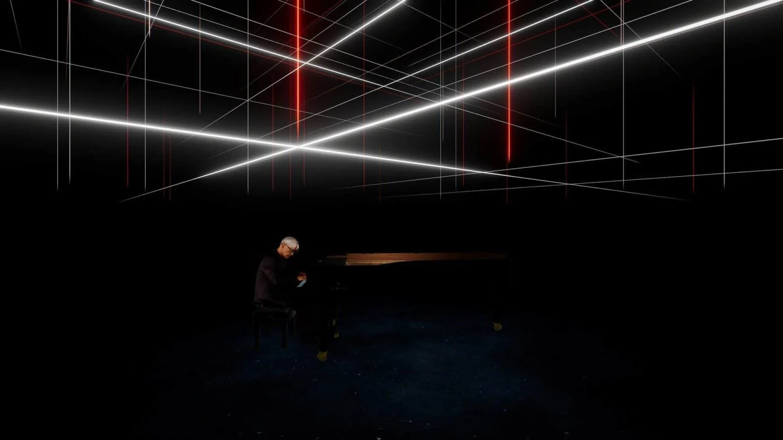 Pianist at a grand piano beneath intersecting white and red light lines in Kagami.