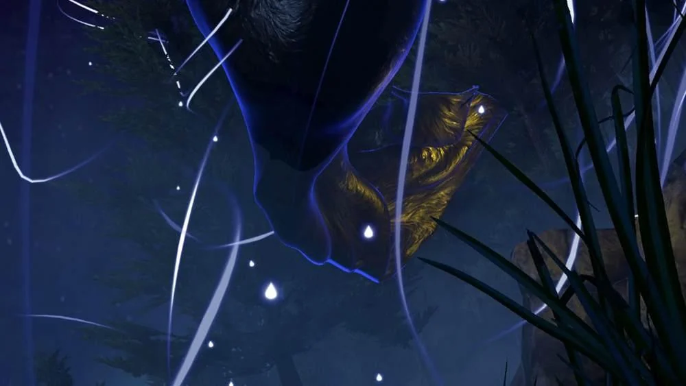 Abstract blue figure and luminous threads among plants in the Nightss virtual environment.