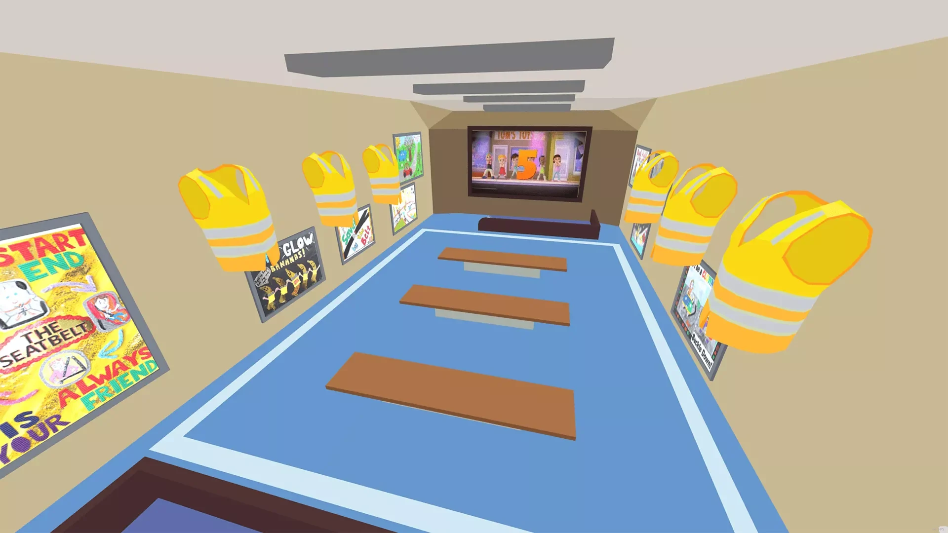 Virtual learning room with benches and yellow high-visibility vests along the walls.