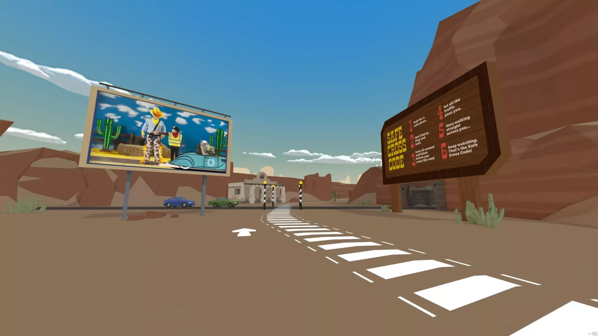 Virtual desert road with information boards and a marked pedestrian crossing.