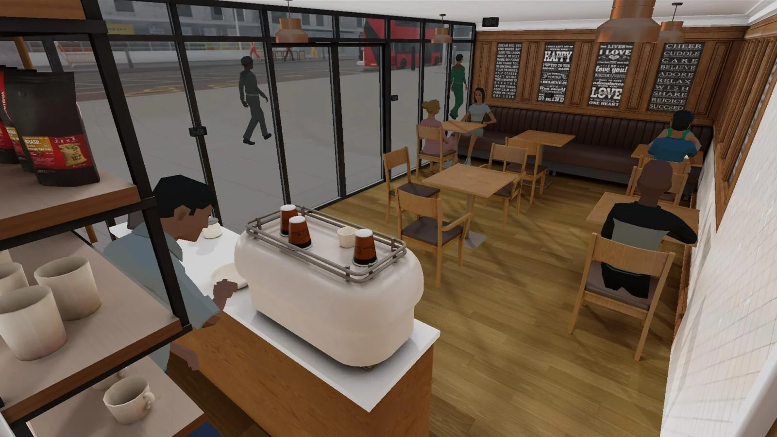 Virtual café interior with tables, seated characters and a coffee counter.